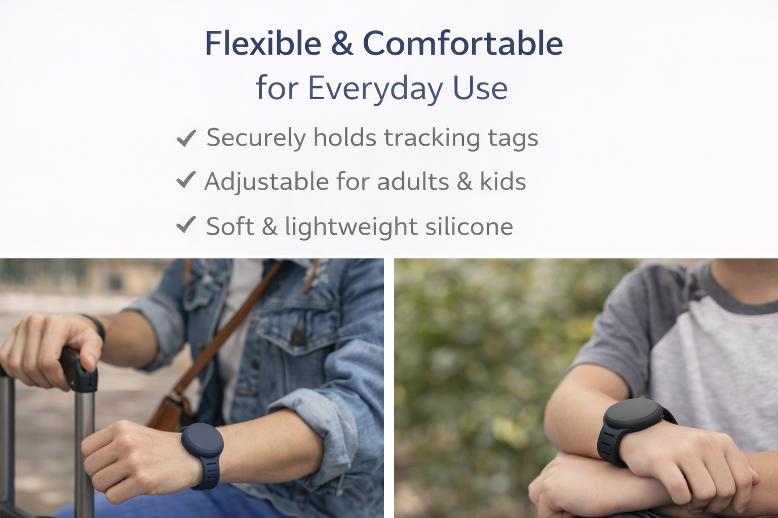 Adjustable Silicone Wristband – 2-Pack (Black & Navy Blue) Compatible with AirTag & Android Tracking Tags