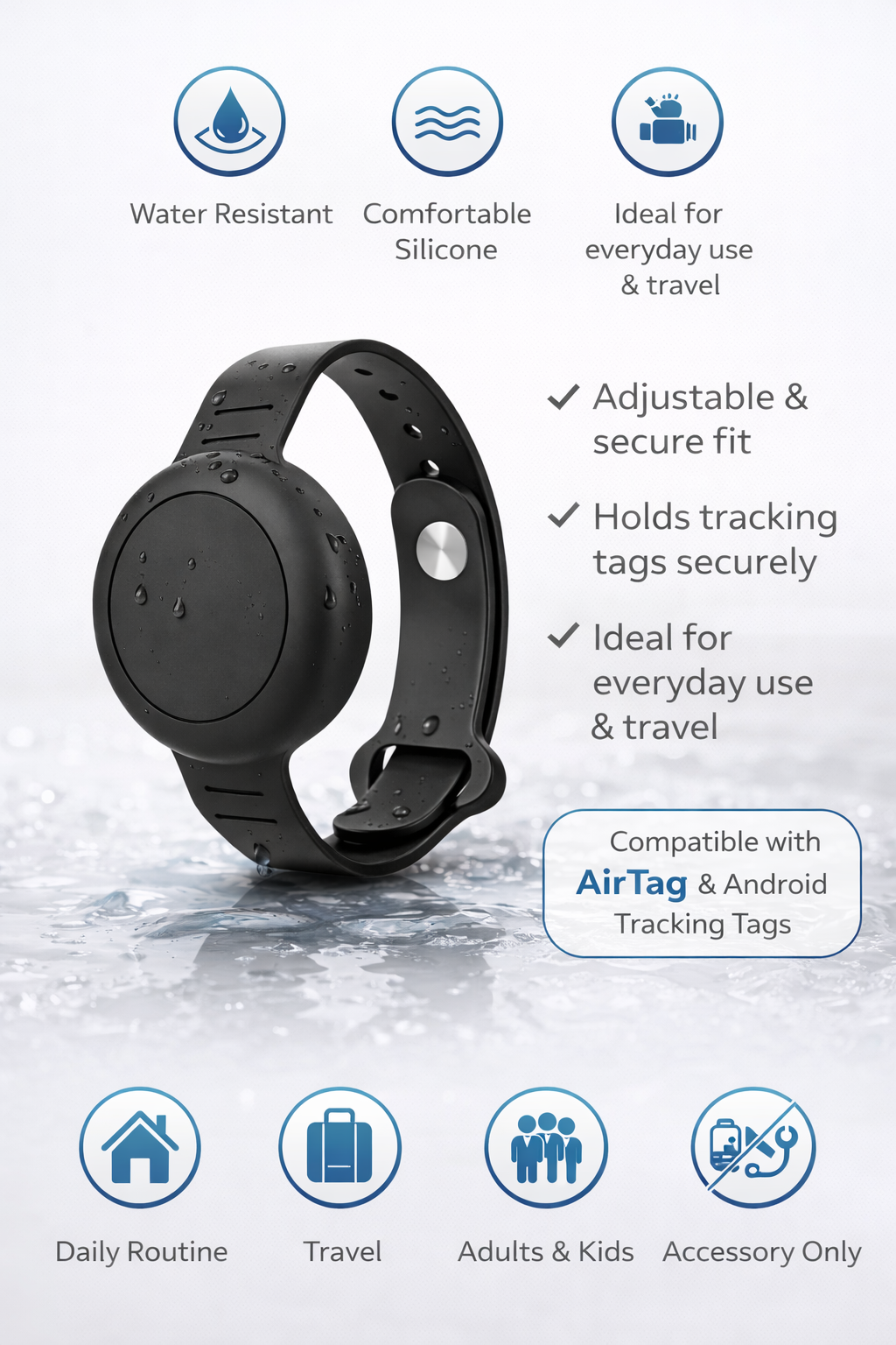 Adjustable Silicone Wristband – Black Compatible with AirTag & Android Tracking Tags