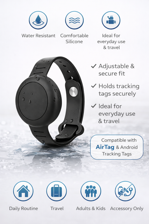 Adjustable Silicone Wristband – Black Compatible with AirTag & Android Tracking Tags