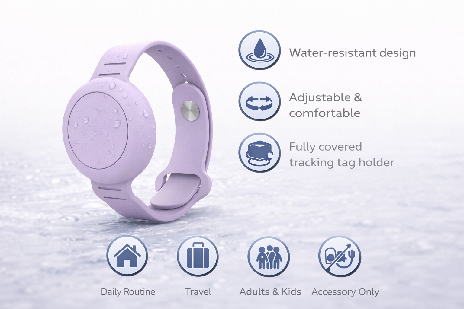 Adjustable Silicone Wristband – Lilac Compatible with AirTag & Android Tracking Tags